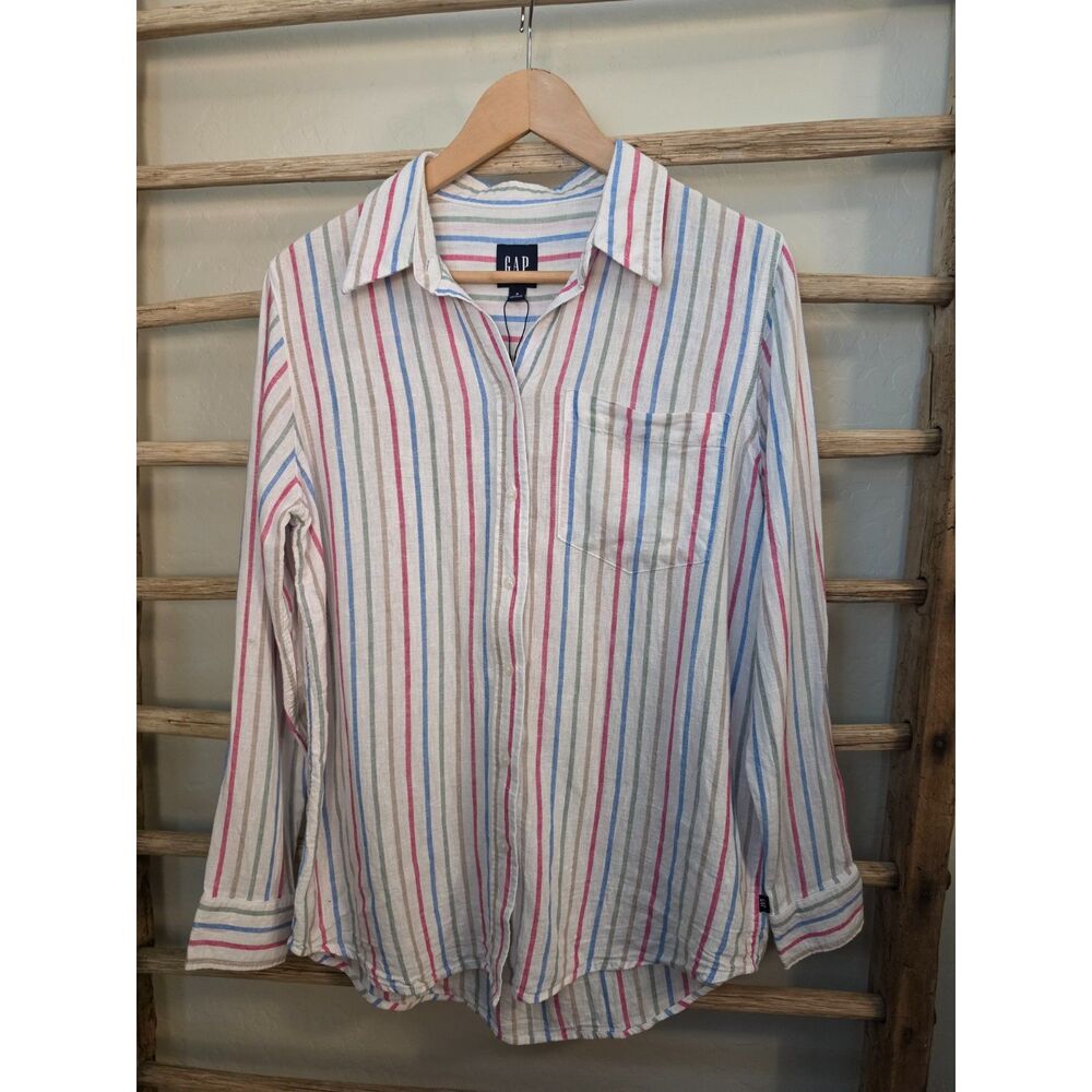 Gap Womens S NWOT Linen Blend Button Down Shirt Multicolor Stripe Coastal